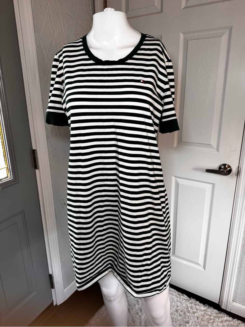 Tommy Hilfiger Dark Green and White Striped Mini Dress